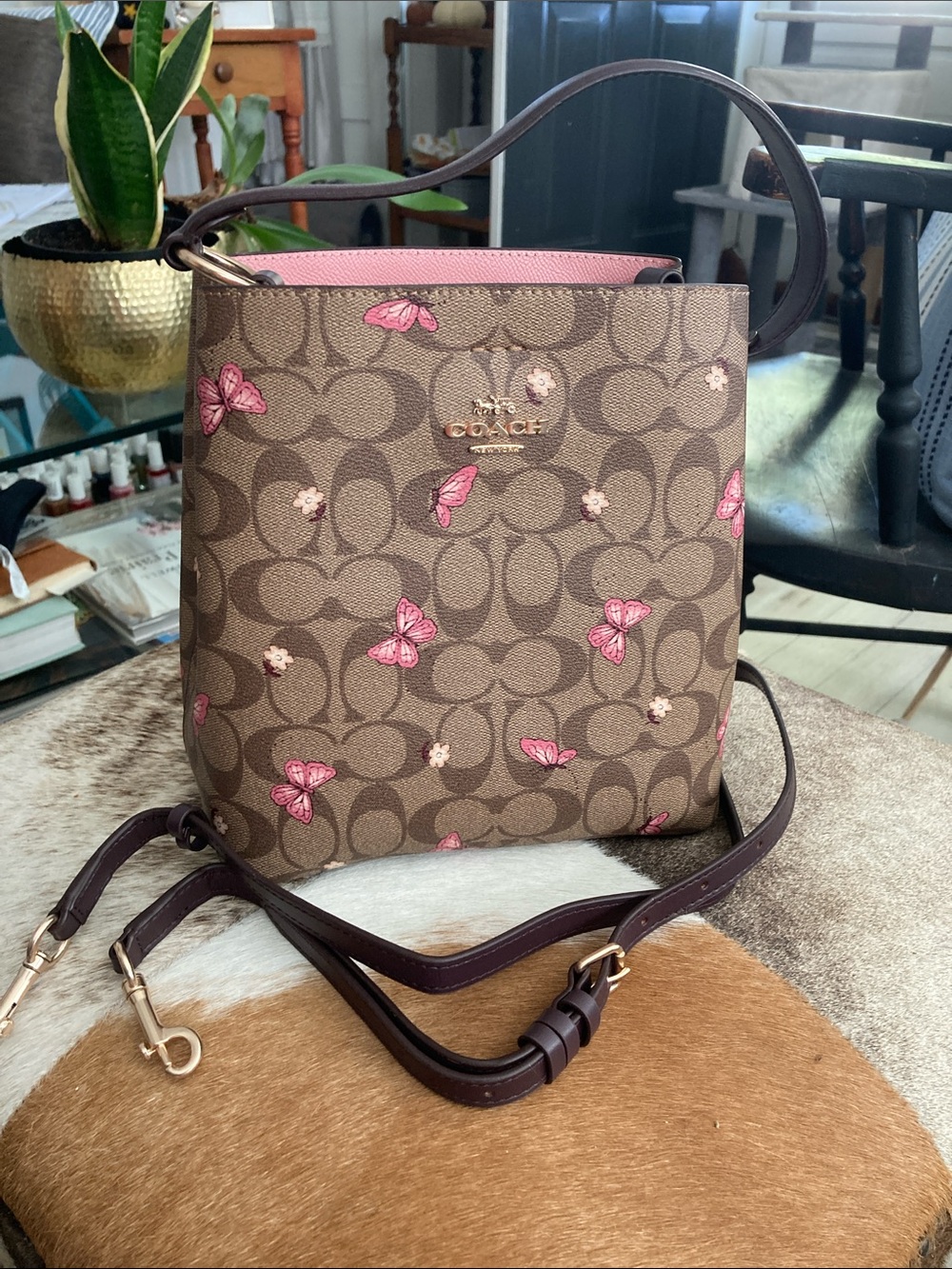 Coach Signature Butterfly Crossbody in Brown with Pink Accents